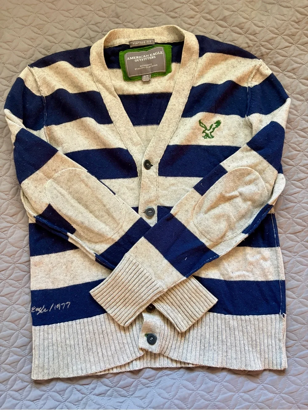 American Eagle Outfitters Navy & Cream Striped Men’s Button Cardigan